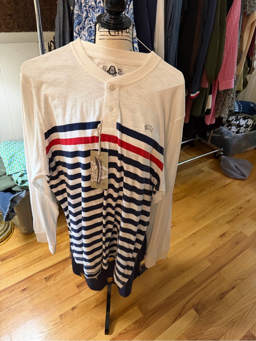 Men's Long-Sleeve Henley Stripe Shirt - White with Navy & Red